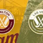 PHWL expansion team logos for PWHL Hamilton in yellow and red and PWHL Las Vegas in green and gold.