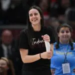 Caitlin Clark #22 of the Indiana Fever looks on during a break in play against the Chicago Sky at the United Center on June 07, 2025 in Chicago, Illinois ahead of the 2026 Indy 500 in Indianapolis.