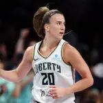 Sabrina Ionescu #20 of the New York Liberty reacts during the second half against the Los Angeles Sparks at Barclays Center on July 03, 2025 in the Brooklyn borough of New York City. The Liberty won 89-79 ahead of the liberty vs valkyries matchup with golden state.