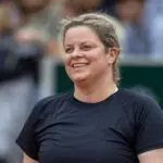 Kim Clijsters of Belgium, while playing alongside John McEnroe of the United States in the Legends Doubles competition on Court Simonne-Mathieu in the Girls' Singles Quarter-Final during the 2025 French Open Tennis Tournament at Roland Garros on June 5th, 2025, in Paris, France.