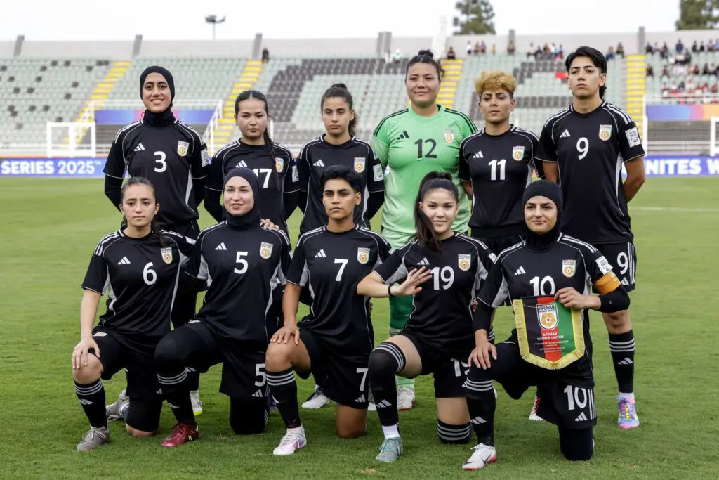 Afghanistan women's soccer team players pose for a group picture ahead of the FIFA Unites Women's Series 2025 match between Afghan Women United and Chad at the Municipal Stadium in Berrechid on October 26, 2025.