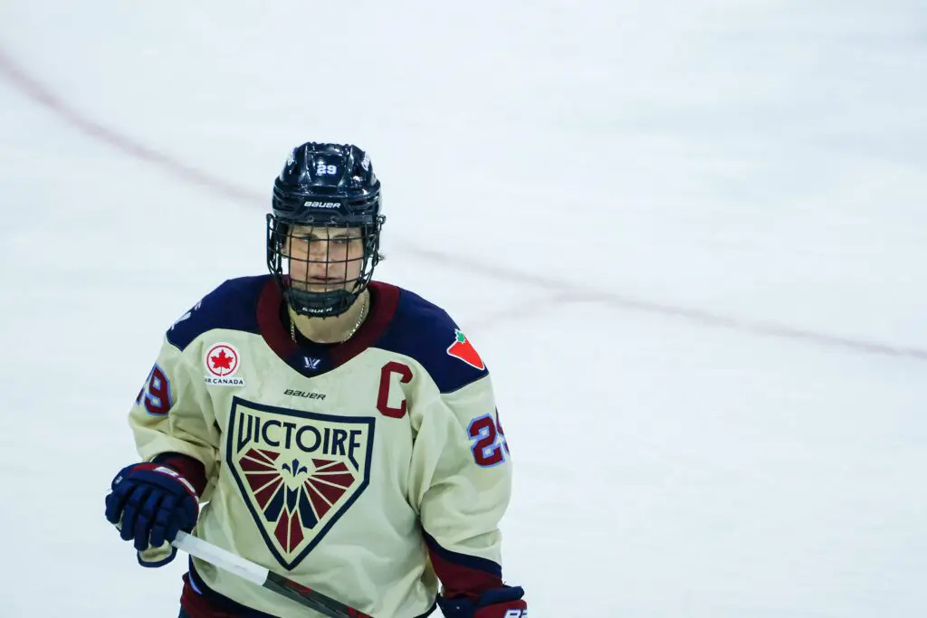 In Toronto, Ontario, Canada, on March 3, 2026, Montreal Victoire's Marie-Philip Poulin #29 waits for the game to resume during the Toronto Sceptres vs. Montreal Victoire Professional Women's Hockey League match at Coca Cola Coliseum.