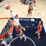 Sakima Walker #35 of the Minnesota Lynx drives to the basket during the game against the Washington Mystics on April 25, 2026 at Entertainment and Sports Arena in Washington, D.C.