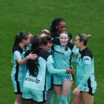 Esther Gonzalez #9 of Gotham FC celebrates with teammates scoring team's third goal during the NWSL match between NJ/NY Gotham FC and Bay FC at Sports Illustrated Stadium on April 25, 2026 in Harrison, New Jersey before the Gotham vs. Louisville NWSL game.