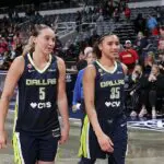 Paige Bueckers #5 and Azzi Fudd #35 at the Dallas Wings vs. Indiana Fever 2026 WNBA preseason game on April 30, 2026 at Gainbridge Fieldhouse in Indianapolis, Indiana.