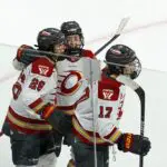 Gabbie Hughes #17 of the Ottawa Charge celebrates her goal with a26 and Peyton Hemp #29 of the Ottawa Charge during game 2 of the 2026 Walter Cup PWHL Playoffs between Ottawa Charge and Boston Fleet on May 2, 2026, at Tsongas Center in Lowell, MA ahead of PWHL expansion.