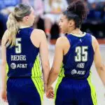 Dallas Wings guard Paige Bueckers #5 talks with Dallas Wings guard Azzi Fudd #35 against the Las Vegas Aces during the game on May 03, 2026, at the Moody Center in Austin, TX.