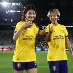 Miyabi Moriya #22 and Mina Tanaka #11 of Utah Royals celebrate following the team's victory in the NWSL match between Angel City FC and Utah Royals at BMO Stadium on May 02, 2026 in Los Angeles, California.