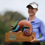 Nelly Korda of the United States poses for photos with the trophy during the trophy ceremony after winning the Mexico Riviera Maya Open at Mayakoba 2026 at El Camaleon at Mayakoba on May 03, 2026 in Playa del Carmen, Mexico.