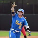 UCLA outfielder Megan Grant #43 rounds the bases after hitting a homerun to set the record for most homeruns in a season during the 3rd inning vs Nebraska at the finals of the 2026 Big Ten Softball Championships on May 09, 2026 at Maryland Softball Stadium in College Park, Maryland.