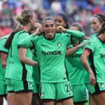 Alba Caño #26 of Boston Legacy FC celebrates scoring her team's first goal with teammates during the NWSL match between NJ/NY Gotham FC and Boston Legacy FC at Sports Illustrated Stadium on May 09, 2026 in Harrison, New Jersey.