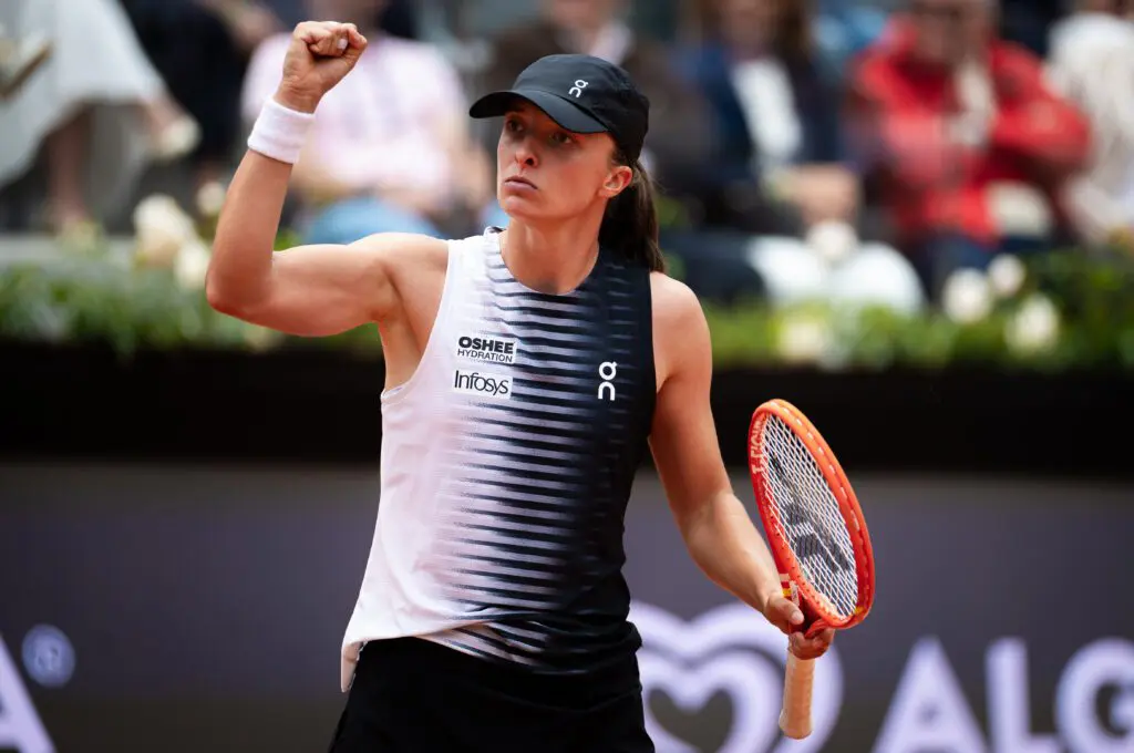 Iga Swiatek of Poland in action against Jessica Pegula of the United States in the 2026 Italian Open quarter-final.