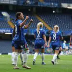 Sam Kerr of Chelsea celebrates after scoring her teams 2nd goal during the Adobe Women's FA Cup Semi Final match between Chelsea and Manchester City at Stamford Bridge on May 10, 2026 in London, England.