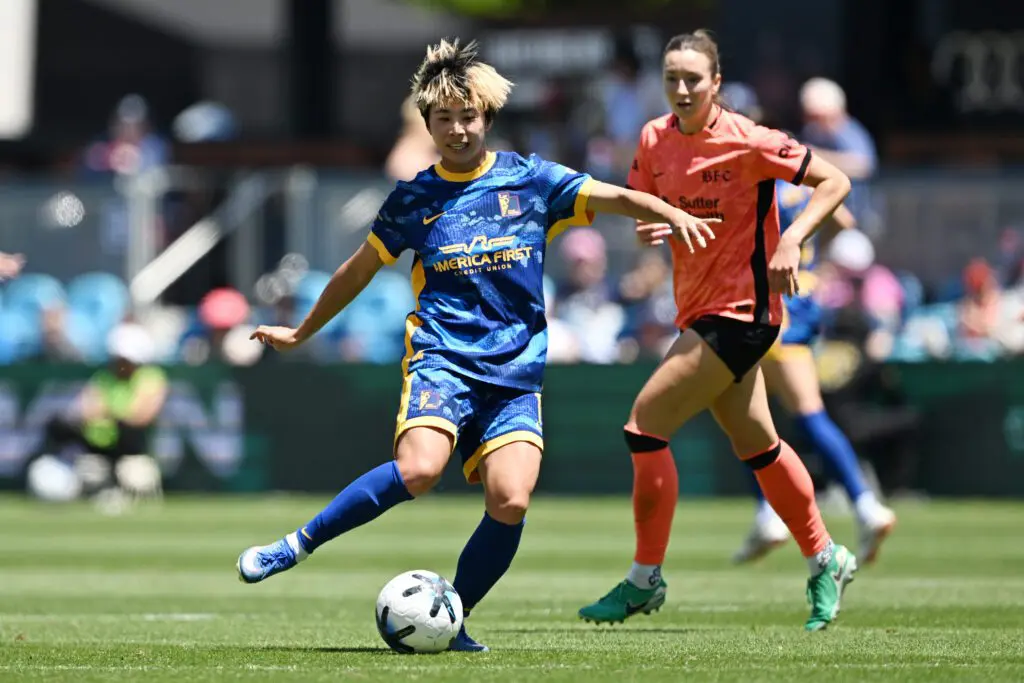 Mina Tanaka of Utah Royals shoots during the NWSL match between Bay FC and Utah Royals at PayPal Park.