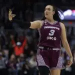 Marina Mabrey #3 of the Toronto Tempo celebrates a three pointer as the Toronto Tempo win their first game in franchise history.