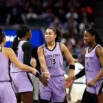 Janelle Salaun #13 of the Golden State Valkyries is congratulated by teammates after making a basket against the Phoenix Mercury in the second half at Chase Center on May 10, 2026 in San Francisco, California before Chicago Sky game.