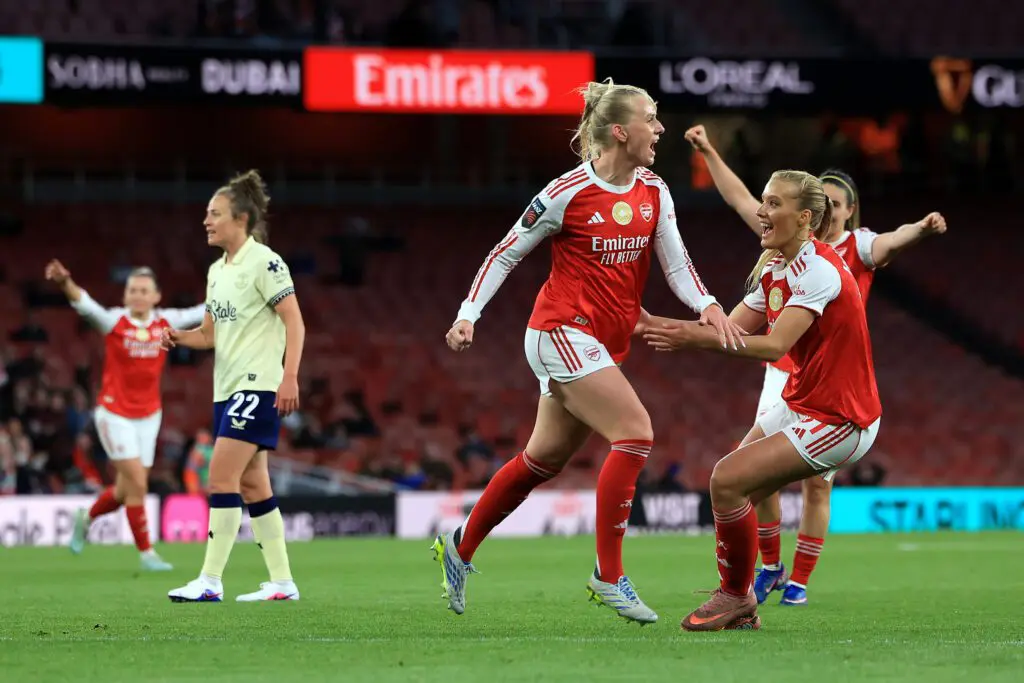 Stina Blackstenius of Arsenal celebrates scoring her team's first goal during the Barclays Women's Super League match between Arsenal and Everton at Emirates Stadium on May 13, 2026 in London, England.