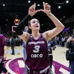 Marina Mabrey #3 of the Toronto Tempo celebrates after defeating the Seattle Storm 86-73 at Coca-Cola Coliseum on May 13, 2026 in Toronto, Ontario, Canada.