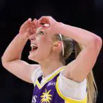 Cameron Brink of the Los Angeles Sparks reacts during an 87-78 Indiana Fever win at Crypto.com Arena.