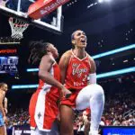 A'ja Wilson #22 of the Las Vegas Aces celebrates during the game against the Atlanta Dream on May 17, 2026 at State Farm Arena in Atlanta, Georgia.