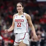Sonia Citron #22 of the Washington Mystics after scoring a basket against the Indiana Fever at Gainbridge Fieldhouse on May 15, 2026 in Indianapolis, Indiana.