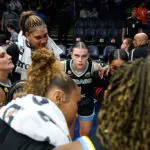 Gabriela Jaquez #11 of the Chicago Sky (C) huddles with teammates after the game against the Minnesota Lynx at Target Center on May 17, 2026 in Minneapolis, Minnesota. The Sky defeated the Lynx 86-79.