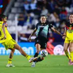 Gabriela García of América competes for the ball against Katie Lampson of Gotham FC during the semifinal match between America and NJ/NY Gotham City of the CONCACAF W Champions Cup 2026 at Hidalgo Stadium on May 20, 2026 in Pachuca, Mexico.