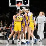The Los Angeles Sparks celebrate during the game against the Las Vegas Aces on May 23, 2026 at Michelob ULTRA Arena in Las Vegas, Nevada ahead of tonight's Sparks vs Mystics WNBA games.