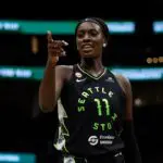 Awa Fam #11 of the Seattle Storm reacts during the first half against the Washington Mystics at Climate Pledge Arena on May 24, 2026 in Seattle, Washington.