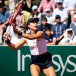 Iva Jovic of the United States in action against Alexandra Eala of the Philippines in the first round on Day Three of the 2026 French Open at Roland Garros.