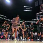 The Minnesota Lynx celebrate a victory with a dance number after a WNBA game between the Minnesota Lynx and Atlanta Dream on May 27, 2026, at Target Center in Minneapolis MN.