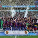 Irene Paredes of FC Barcelona lifts the UEFA Women's Champions League trophy following the team's victory in the UEFA Women's Champions League Final 2026 match between FC Barcelona and OL Lyonnes at Ullevaal Stadion on May 23, 2026 in Oslo, Norway after the Barcelona vs Lyonnes UWCL final.