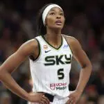 Rickea Jackson #5 of the Chicago Sky reacts during the second half of the WNBA game at Mortgage Matchup Center on May 15, 2026 in Phoenix, Arizona.