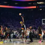 A general view of the opening tip between the Phoenix Mercury and the Las Vegas Aces during the first half of game four of the 2025 WNBA Finals at Mortgage Matchup Center.