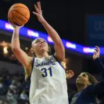 2026 WNBA draft snub and former women's ncaa basketball transfer portal candidate South Dakota State Jackrabbits forward Brooklyn Meyer (31) shoots the ball while playing against the Kansas City Roos during Summit League quarterfinals on Thursday, March 5, 2026, at Denny Sanford Premier Center in Sioux Falls, South Dakota.