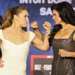 Ronda Rousey and Gina Carano pose after the press conference for the Most Valuable Promotions MMA card at Palladium Theater.