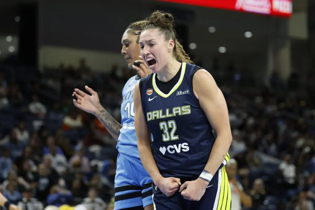 Dallas Wings forward Jessica Shepard (32) reacts after scoring against the Chicago Sky during the second half at Wintrust Arena.