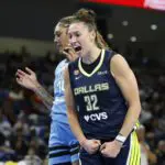 Dallas Wings forward Jessica Shepard (32) reacts after scoring against the Chicago Sky during the second half at Wintrust Arena.