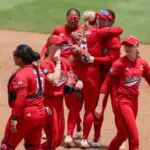Texas Tech celebrates the win after the super regional game of the NCAA softball championship tournament at Katie Seashole Pressly Stadium in Gainesville, FL on Friday, May 22, 2026 as star pitcher NiJaree Canady signed an NIL deal with AUSL.