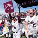 Mississippi State's Carson Smith (6) and Anna Carder (19) celebrate following Game 3 of the NCAA softball Norman Super Regional between the University of Oklahoma Sooners and the Mississippi State Bulldogs at Love's Field in Norman, Okla., May, 24, 2026 ahead of the WCWS 2026.