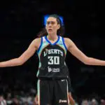 New York Liberty forward Breanna Stewart (30) reacts to a call during the first half against the Portland Fire at Barclays Center.