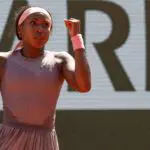 Coco Gauff of the United States reacts during her match against Taylor Townsend of the United States on day three at Stade Roland Garros.