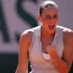 Marta Kostyuk of Ukraine reacts during her match against Katie Volynets of the United States on day four at Stade Roland Garros.
