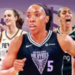Sportico graphic depicting players from the Top 5 most 2026 WNBA team valuations against a purple backdrop.