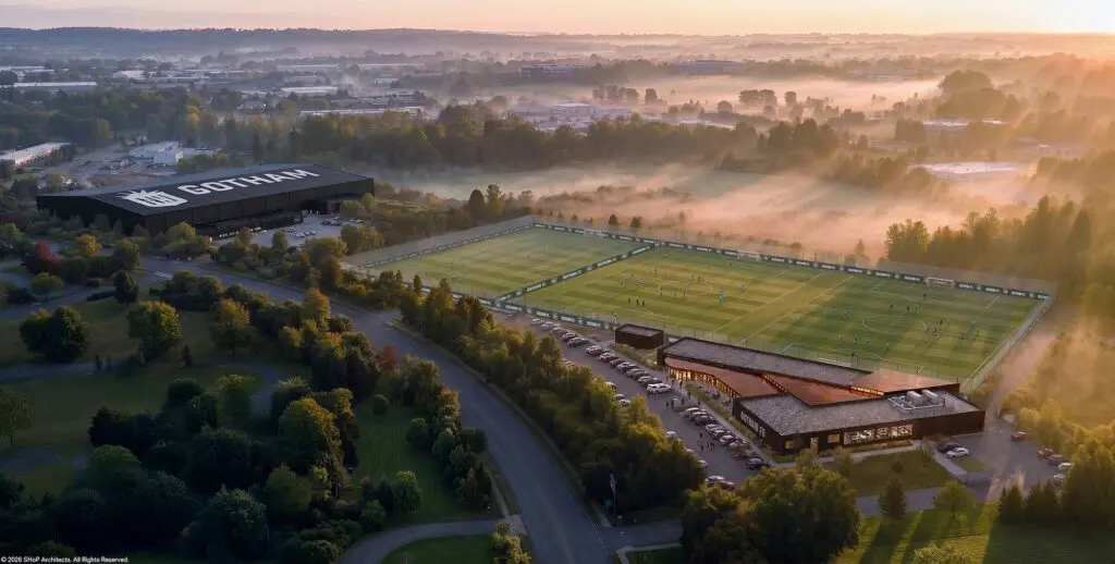 Rendering of planned dedicated training facility for NWSL team Gotham FC.