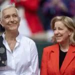 Tennis legends Martina Navratilova and Chris Evert prepare to present the trophies after the Women's Singles Final on Court Philippe-Chatrier at the 2024 French Open Tennis Tournament at Roland Garros.
