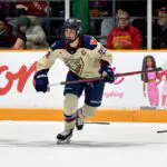Captain Marie-Philip Poulin #29 of the Montreal Victoire during the first period of their PWHL game against the Ottawa Charge at The Arena at TD Place on February 22, 2025 in Ottawa, Canada before her knee injury.