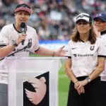 Abby Wambach speaks as founding investors honor US team legends at half time the NWSL match between Angel City FC and Seattle Reign at BMO Stadium on March 30, 2025 in Los Angeles, California.