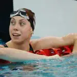 Gretchen Walsh of the United States reacts after winning the Women's 100m Butterfly final during day three of the China Open Swimming Championship at Shenzhen Universiade Center Aquatics Centre on March 21, 2026 in Shenzhen, China.