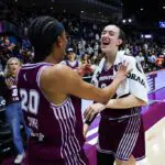 Marina Mabrey #3 of the Toronto Tempo celebrates with teammate Brittney Sykes #20 after defeating the Seattle Storm 86-73 at Coca-Cola Coliseum on May 13, 2026 in Toronto, Ontario, Canada ahead of Friday's Tempo vs Mystics WNBA Commissioner's Cup match.